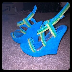 Cute blue and lime studded wedges